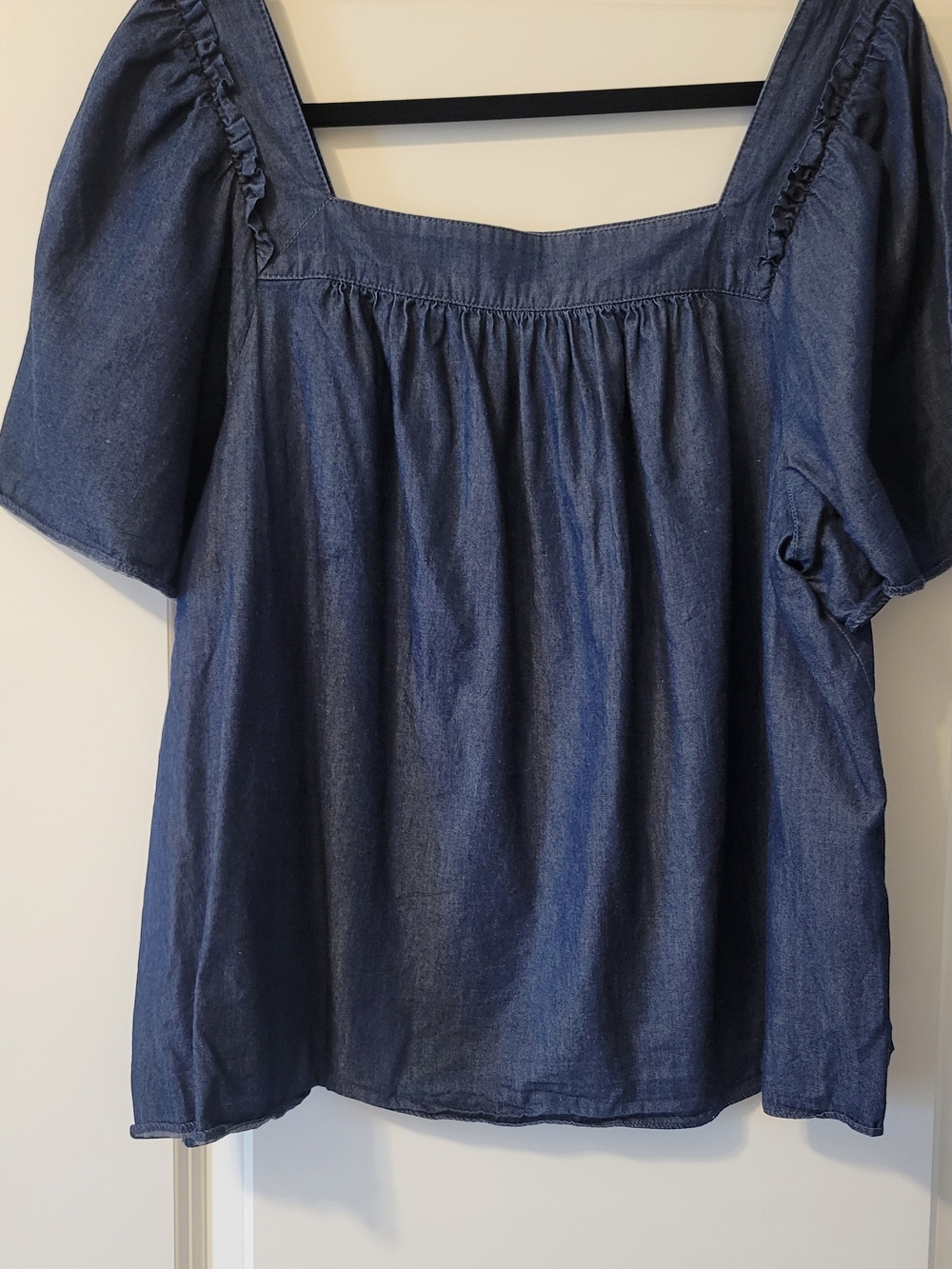 Draper James Indigo Square-Neck Puff Sleeve Top
